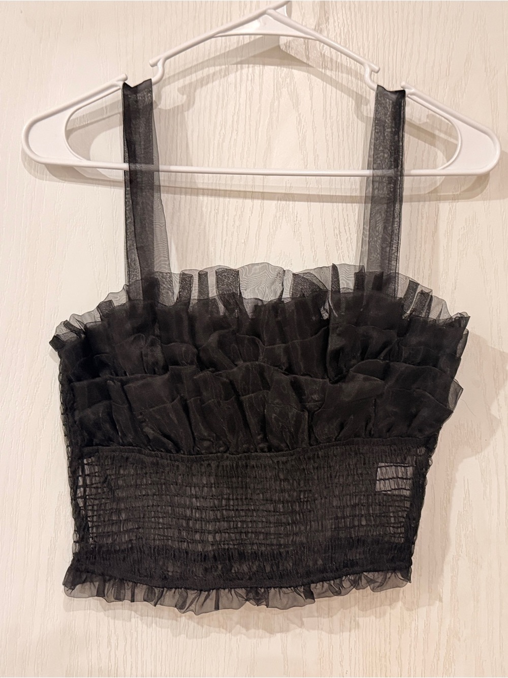 Blue Blush Black Ruffled Sheer Crop Camisole